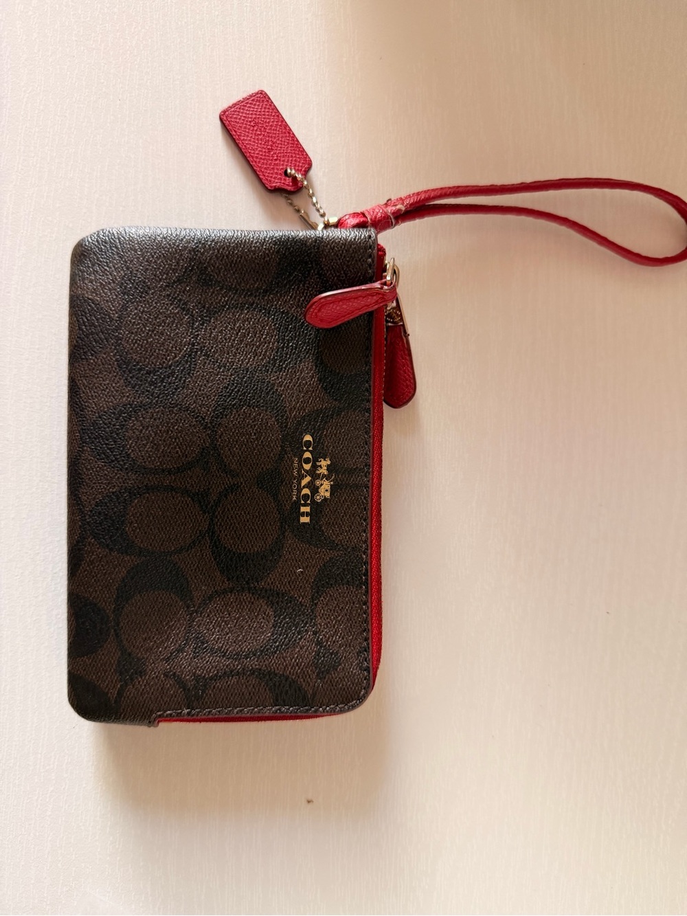 Coach Double Corner Zip Wristlet Signature  Coated Canvas.